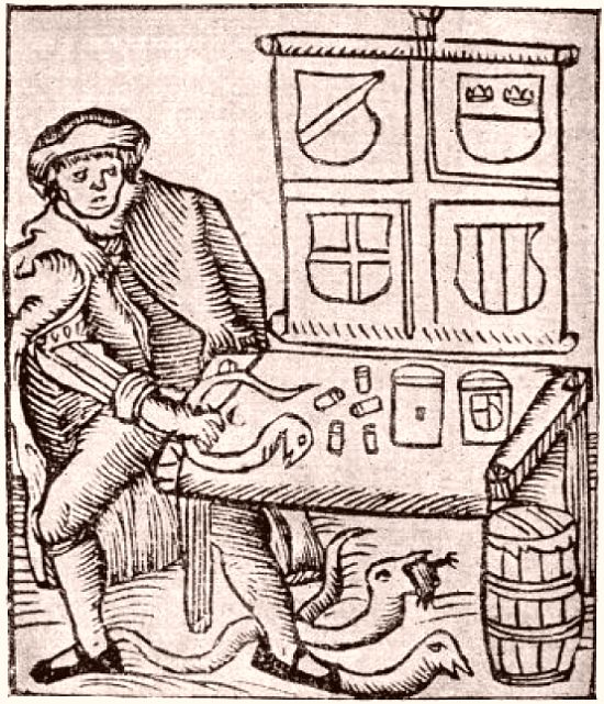 La préparation des vipères destinées à la confection de la thériaque. Gravure extraite du Hortus sanitatis (Jardin de santé), Strasbourg, 1586