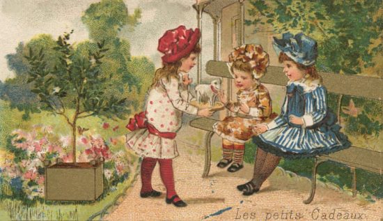 Les petits cadeaux. Chromolithographie publicitaire publiée vers 1885