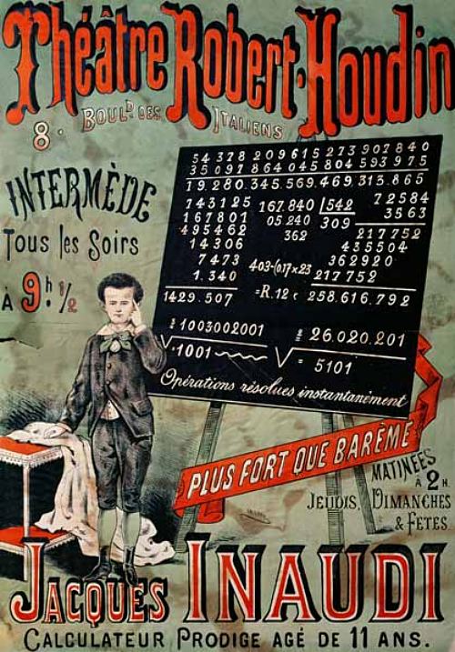 Affiche publicitaire de 1878 pour la prestation de Jacques Inaudi au théâtre Robert-Houdin