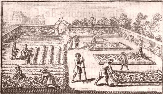 Le printemps (les premières plantations). Détail de la gravure représentant les quatre saisons et placée en tête de la sixième partie d'Instruction pour les jardins fruitiers et potagers (Tome 2) de Jean-Baptiste de La Quintinie publié en 1690