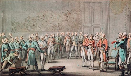 François Barthélemy, président du Sénat conservateur, présente au Premier Consul l'acte constitutif fixant le Consulat à vie, le 2 août 1802. Gravure de Jean Duplessis-Bertaux
