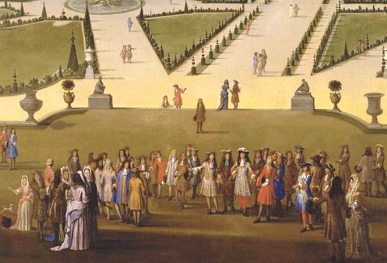 Promenade de Louis XIV en vue du Parterre du Nord dans les jardins de Versailles vers 1688. Détail d'une peinture d'Étienne Allegrain