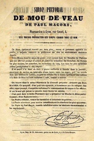 Prospectus du XIXe siècle pour un sirop pectoral de mou de veau