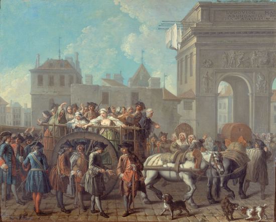 La conduite des filles de joie à la Salpêtrière : le passage près de la porte Saint-Bernard. Peinture d'Étienne Jeaurat (1757)