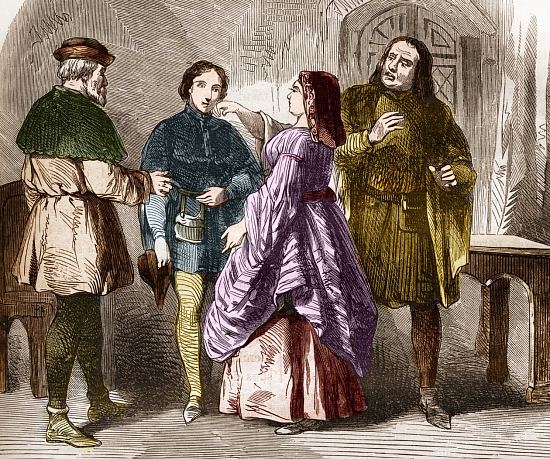 Scène de prostitution à Paris à la fin du Moyen Âge. Gravure (colorisée ultérieurement) extraite de Histoire de la prostitution et de la débauche chez tous les peuples du globe, depuis l'Antiquité la plus reculée jusqu'à nos jours (par le Dr Th.-F. Debray), paru en 1879