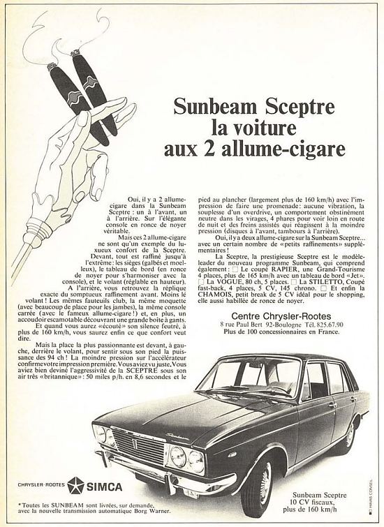 Encart publicitaire inséré dans L'Express du 3 mars 1969 pour la marque de voitures Simca : Sunbeam Sceptre, la voiture aux 2 allume-cigare