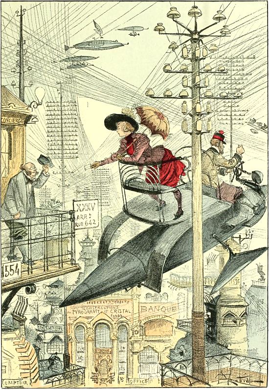 Un quartier embrouillé. Illustration extraite de Le Vingtième siècle : la vie électrique par Albert Robida, paru en 1893