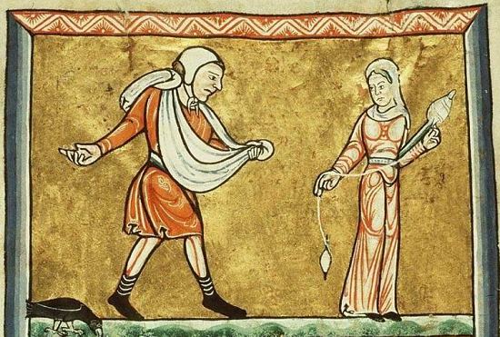 Femme tenant une quenouille. Détail d'une enluminure extraite du psautier de Fécamp (manuscrit latin n° KW76F13 conservé à la Bibliothèque royale des Pays-Bas)
