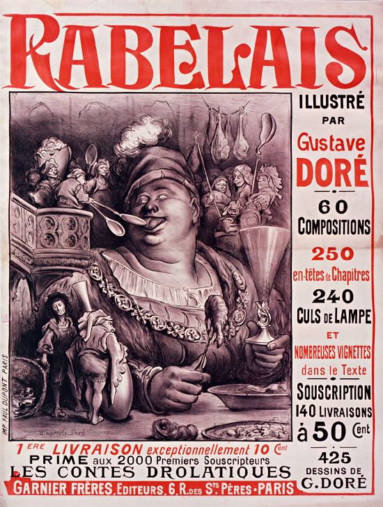 Affiche publicitaire de 1897 pour la souscription à une édition de 1897 de Rabelais illustré par Gustave Doré