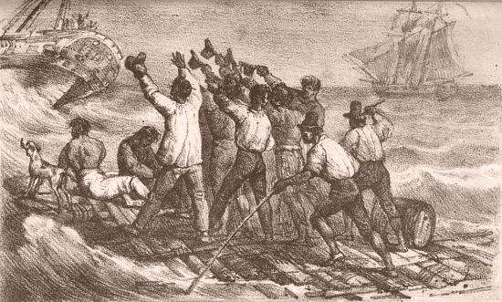 L'Argus venant au secours des rescapés du radeau de La Méduse. Gravure extraite de Naufrage de la frégate La Méduse, faisant partie de l'expédition du Sénégal en 1816, par Alexandre Corréard et Henri Savigny, édition de 1821