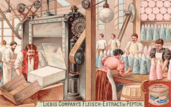 Raffinage et emballage du sucre. Chromolithographie de 1900