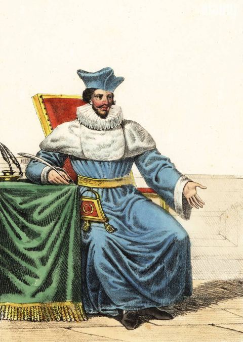 Recteur de l'Université de Paris en 1586. Lithographie réalisée en 1833 extraite de la version italienne de l'ouvrage Costumes civils et militaires de la monarchie française depuis 1200 jusqu'à 1820 d'Hippolyte Lecomte paru en 1820