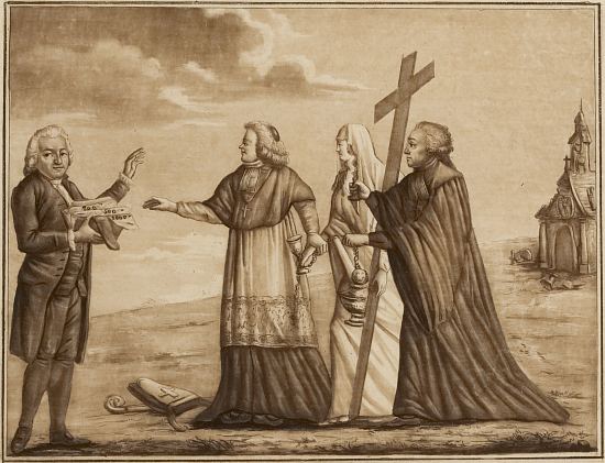 Talleyrand et Rabaut livrant la Religion contre les assignats. Estampe contre-révolutionnaire anonyme parue en décembre 1791, peu après le décret sur les prêtres réfractaires. La Religion (3e personnage en partant de la gauche) est livrée comme une esclave, en échange d'argent, par Talleyrand (2e personnage), l'ancien évêque d'Autun, en costume épiscopal, et par le pasteur Rabaut Saint-Étienne (4e personnage), en robe de ministre, à Camus (1er personnage), l'actif archiviste de l'Assemblée