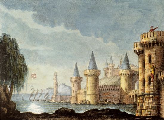 Vue des remparts de Calais en 1347 pendant la guerre de Cent Ans. Décor pour l'opéra Assedio di Calais (Le Siège de Calais) de Gaetano Donizetti, représenté pur la première fois le 19 novembre 1836
