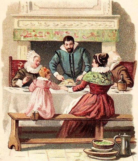 Repas en famille. Chromolithographie publicitaire de la fin du XIXe siècle pour l'eau minérale de Saint-Galmier