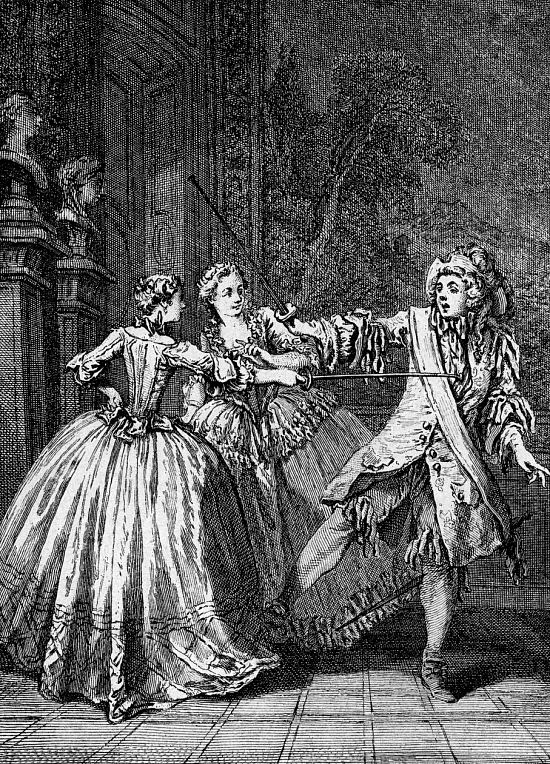 Une scène du Bourgeois gentilhomme. Gravure de Laurent Cars (1699-1771) réalisée en 1734 d'après un dessin de François Boucher (1703-1770)