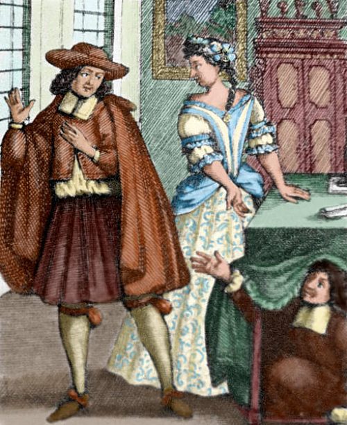 Représentation du Tartuffe de Molière en 1667. Orgon est témoin de l'entreprise de séduction de sa femme Elmire par Tartuffe. Dessin (colorisé) de Pierre Brissart (1682)