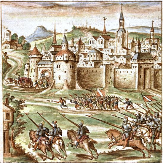 Charles IX attaqué par les protestants à Meaux. Enluminure extraite du manuscrit 0156 de la Bibliothèque municipale de Lyon intitulé Carmen de tristibus Galliae (1577)