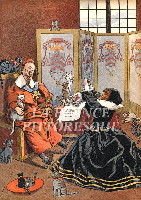 Richelieu entouré de chats, qu'il adorait. Illustration extraite de Jouons à l'Histoire. La France mise en scène avec les joujoux de deux petits Français de Job et Georges Montorgueil, paru en 1908
