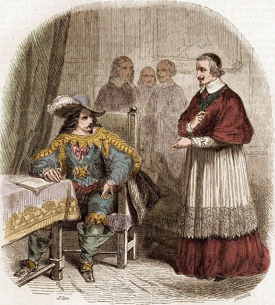 Louis XIII et le ministre cardinal de Richelieu fondant l'Académie française. Gravure (colorisée ultérieurement) de Gustave Staal (1817-1882)