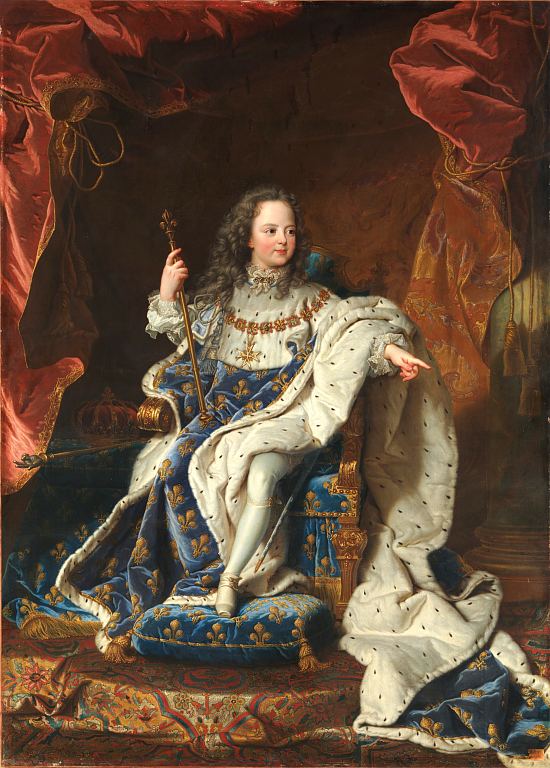 Louis XV âgé de cinq ans, assis sur son trône en grand costume royal. Peinture de Hyacinthe Rigaud (1715)