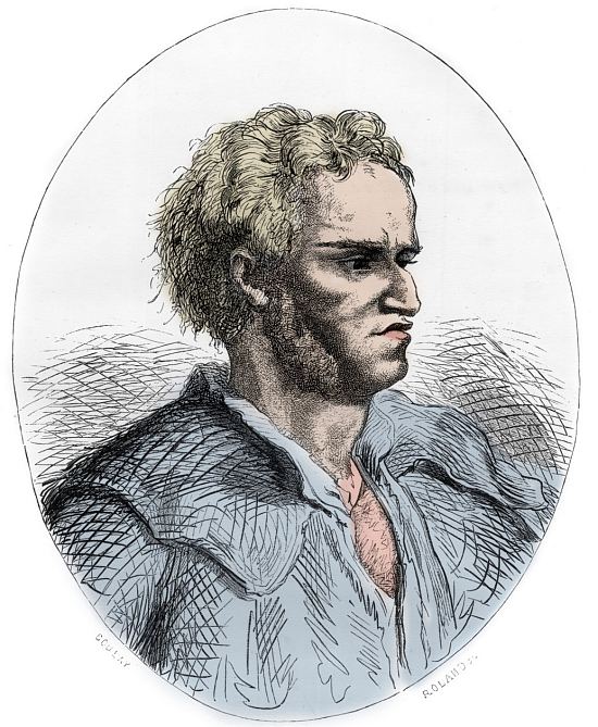 Robert-François Damiens. Dessin (colorisé ultérieurement) de Boulay publié dans Le Livre rouge : histoire de l'échafaud en France paru en 1863