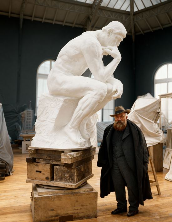 Auguste Rodin dans son atelier parisien, aux côtés de l'original en plâtre de son Penseur. Photographie d'époque colorisée ultérieurement