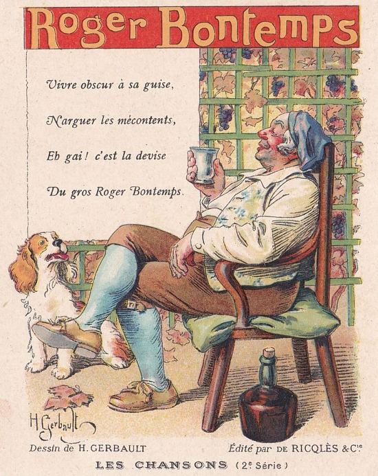 Roger Bontemps. Chromolithographie publicitaire du XXe siècle éditée par De Ricqlès et appartenant à la série Les Chansons. Dessin de Henry Gerbault (1863-1930)