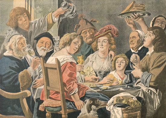 Le roi boit ou le Tirage de la fève de l'Épiphanie. Gravure publiée dans Le Petit Journal. Supplément du dimanche du 1er janvier 1907 et réalisée d'après la peinture de Jacob Jordaens (vers 1640)