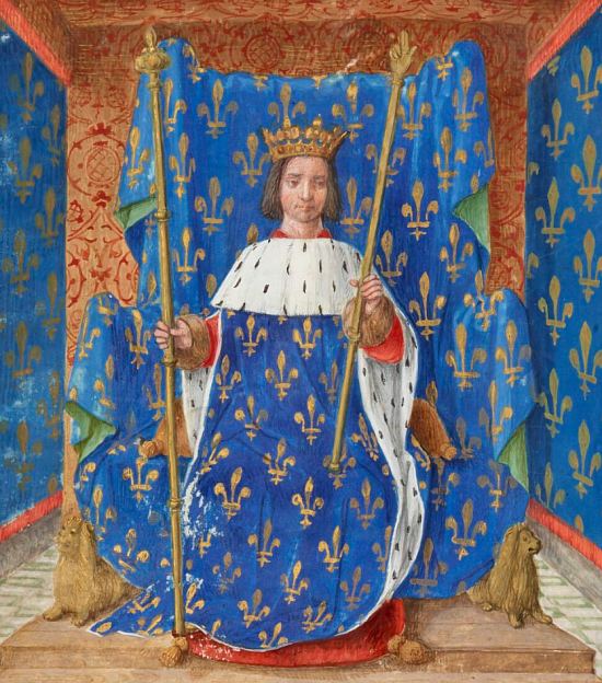 Charles VI en costume de sacre. Détail d'une enluminure extraite de l'Inventaire général de tous les joyaux du roi Charles V (manuscrit français n°2705 de la BnF composé au XVe siècle)