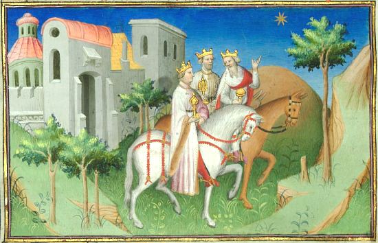 Les Rois mages quittent Saba et se rendent à Bethléem. Enluminure extraite du Livre des Merveilles du Monde de Marco Polo, dans une version datant de 1412 (manuscrit français n°2810 de la BnF)