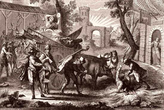 Scène d'ouverture du Roman Comique de Paul Scarron (1610-1660) publié en 1651 : arrivée des comédiens au Mans, d'après une gravure de Jean-Baptiste Oudry (1686-1755)