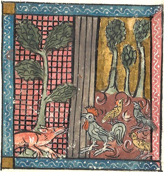 Renart en train d'enjôler Chantecler le coq. Enluminure extraite du Roman de Renart, manuscrit 1580 (édition 1310-1315)