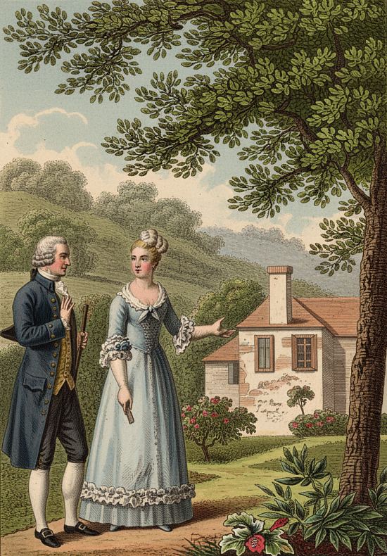 Madame d'Épinay et Jean-Jacques Rousseau à L'Ermitage. Gravure d'Ambroise Tardieu (vers 1830). Louise d'Épinay fut l'amie et protectrice de Rousseau, pour lequel elle fit construire L'Ermitage (qu'il quitta en 1757) à Montmorency, où il commencera l'écriture de la Nouvelle Héloïse