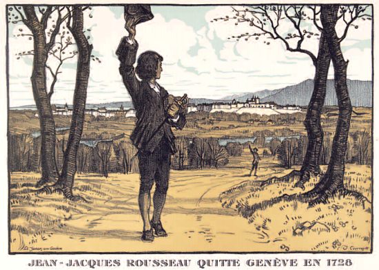 Jean-Jacques Rousseau quitte Genève en 1728. Lithographie de Jules Courvoisier (1884-1936), éditée pour le bicentenaire de la naissance de Rousseau en 1912
