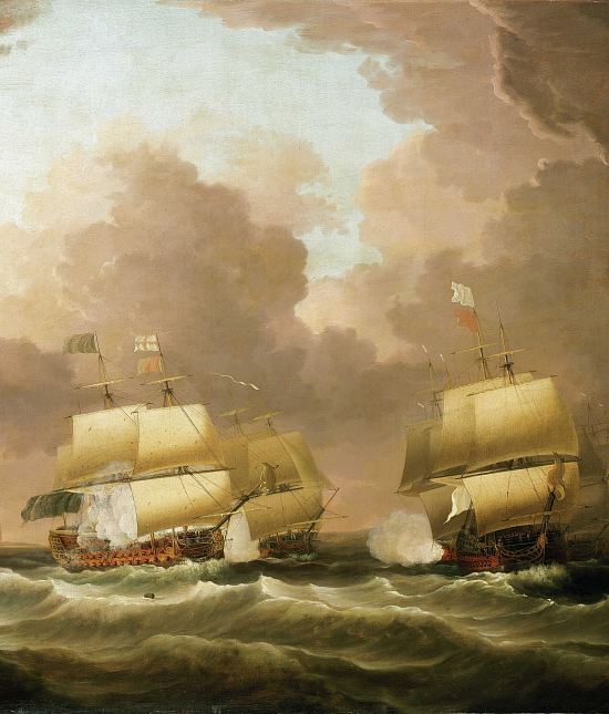 Bataille des Cardinaux. Détail d'une peinture de Dominique Serres (1779). La scène représente l'affrontement direct entre le Royal George, vaisseau de l'amiral anglais Hawke (au centre), et le Soleil Royal, vaisseau du comte de Conflans (sur la droite) arborant le pavillon royal blanc et le pavillon rouge d'avant-garde de la flotte française