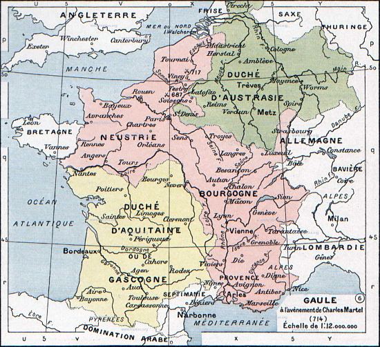 Le royaume des Francs à la mort de Pépin de Herstal, en 714. Carte extraite de l'Atlas général d'histoire et de géographie (par Paul Vidal de La Blache), paru en 1912