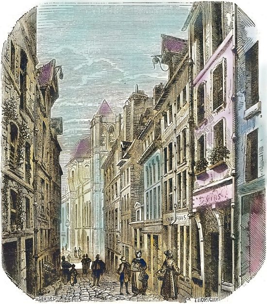 Ancienne rue Saint-Nicolas du Chardonnet, au XVIIe siècle. Gravure (colorisée) extraite de Paris à travers les siècles, par H. Gourdon de Genouillac