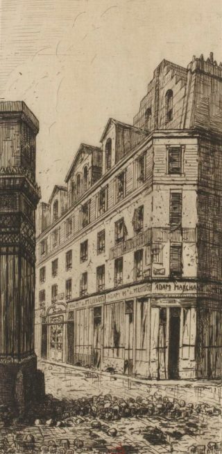 Ancien théâtre Doyen et maison où ont eu lieu le 14 avril 1834 les massacres de la rue Transnonain (rue absorbée en 1851 par la rue Beaubourg). Dessin réalisé le 15 avril 1834