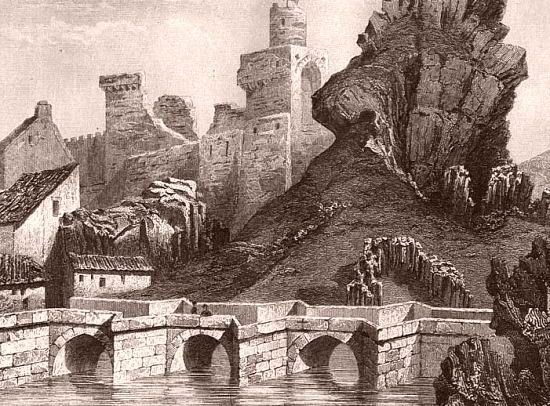 Pont et ruines du château d'Espaly (Haute-Loire). Dessin d'Adrien Dauzats (1832). Le dessinateur a d'une part diminué la hauteur du rocher d'Espaly, d'autre part juxtaposé des orgues volcaniques en éventail et le pont d'Estrouilhas enjambant la Borne (construit en 1245)