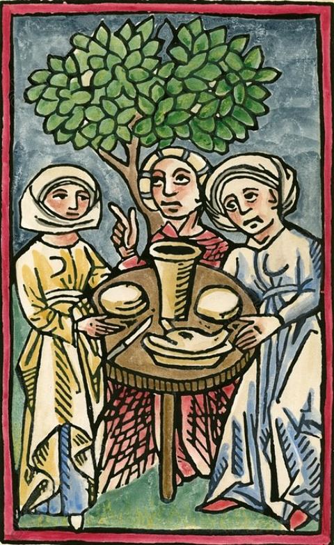 Sabbat des sorcières. Gravure (colorisée ultérieurement) extraite de De lamiis phitonicis mulieribus par Ulrich Molitor (1489)