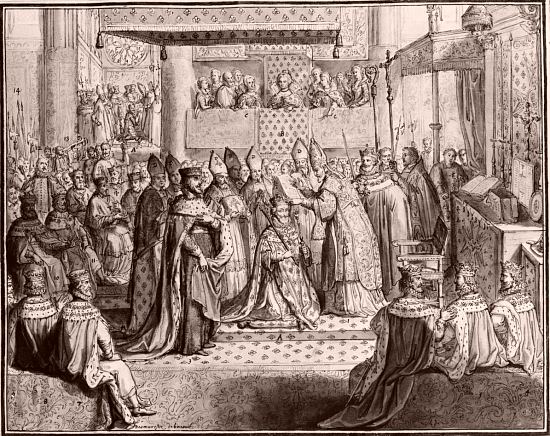 Cérémonies du sacre et couronnement d'Henri IV qui furent faites en l'église cathédrale de Chartres le dimanche 27 février 1594. Dessin de Desmarets