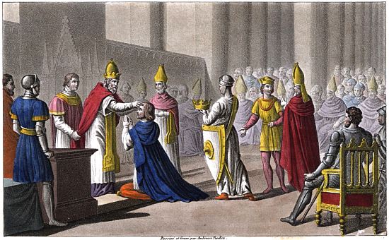 Louis II est sacré pour la deuxième fois le 7 septembre 878, par le pape Jean VIII lors du concile de Troyes. Lithographie d'Ambroise Tardieu publiée en 1825