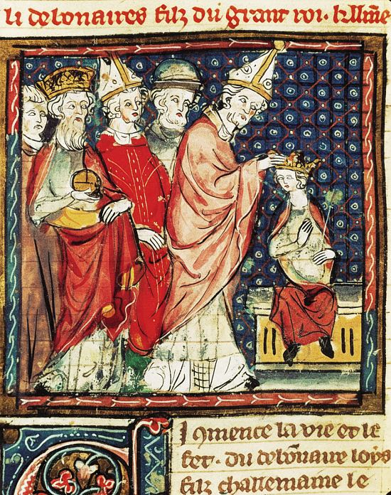 Sacre de Louis le Pieux par le pape Étienne IV. Enluminure extraite des Grandes Chroniques de France datant de 1375-1380 (manuscrit français n°2813 de la BnF)