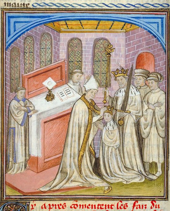 Philippe Auguste sacré roi du vivant de son père Louis VII par l'archevêque de Rouen, Guillaume de Champagne. Enluminure du Maître des Heures de Troyes extraite des Grandes Chroniques de France (manuscrit n°512 de la Bibliothèque de Toulouse, vers 1400)