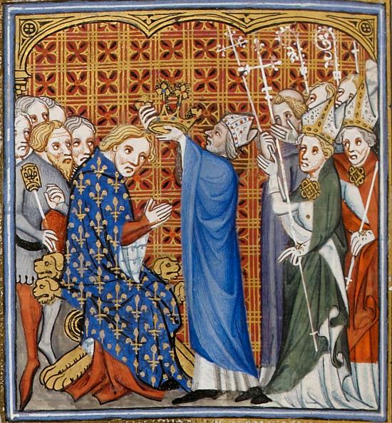 Sacre de Philippe de Valois. Enluminure extraite des Grandes Chroniques de France (manuscrit français n°2813 de la BnF)
