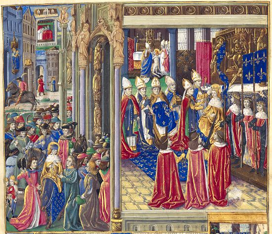 Sacre de Louis IX. Miniature extraite de Vie et miracles de monseigneur saint Louis ou Livre des faits de monseigneur saint Louis, manuscrit français n°2829 de la BnF (vers 1480)
