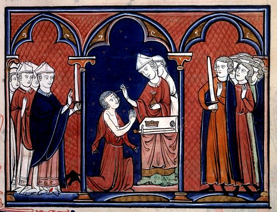 Sacre de Louis IX. Miniature extraite de Ordo ad coronandum regem et reginam Francorum, manuscrit latin n°1246 de la BnF (vers 1250)