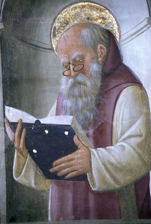 Saint Antoine l'Ermite portant des lunettes. Détail d'un cycle de fresques du choeur de la cathédrale Santa Maria Assunta à Atri, en Italie (vers 1480)