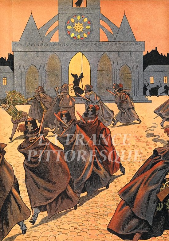 Massacre de la Saint-Barthélemy. Illustration extraite de Jouons à l'Histoire. La France mise en scène avec les joujoux de deux petits Français de Job et Georges Montorgueil, paru en 1908